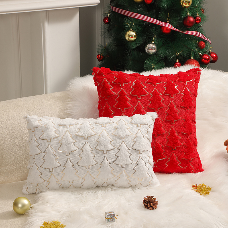 Cross-border Hot Sale Christmas Pine Pattern Plush Backrest Pillowcase Bedroom Sofa Rest Cushion Cover No Core