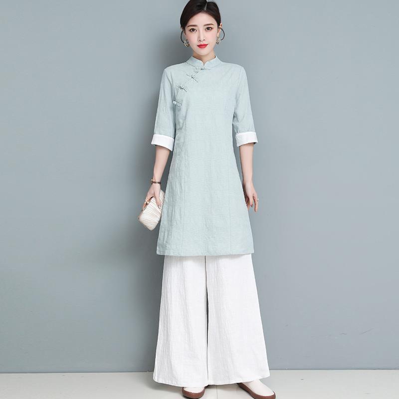 Chinese Style Women's Retro Jacquard Cotton Linen Tea Clothing Spring and Summer Hanfu Improved Cheongsam Top Beauty Salon Work Clothes Women