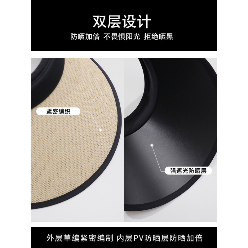 Sun Hat with Open Top, Woven Summer Straw Sunshade, Black Plastic Hat, Korean Style Large Brim Women's Straw Hat, Fashionable Headband Sun Hat