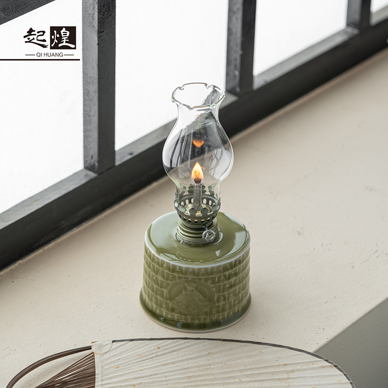 Старомодная керосиновая лампа, масляная, ручная роспись, синяя и белая керамика, ностальгические украшения, атмосферная лампа