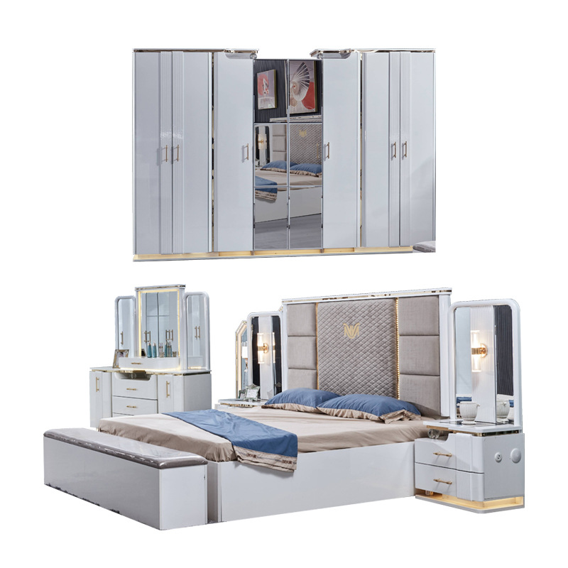 Простая панельная двуспальная кровать, шкаф, туалетный столик, современный роскошный комплект мебели для спальни, для всего дома