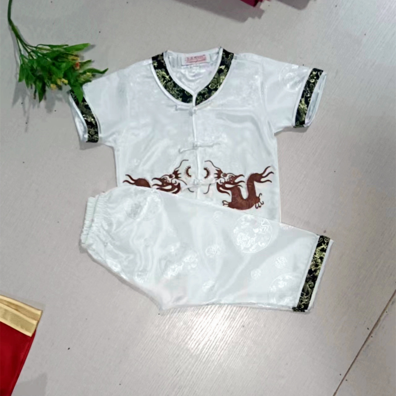 Embroidered Dragon Children's Tang Suit Boys' Satin Short-sleeved Trousers Ethnic Costume Performance Suit Foreign Trade New Year Dress