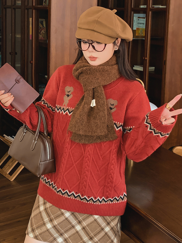 Plus Size Women's Design Bear Top Women's Loose Lazy Knitwear 2025 Winter Fat mm Knitwear 22608