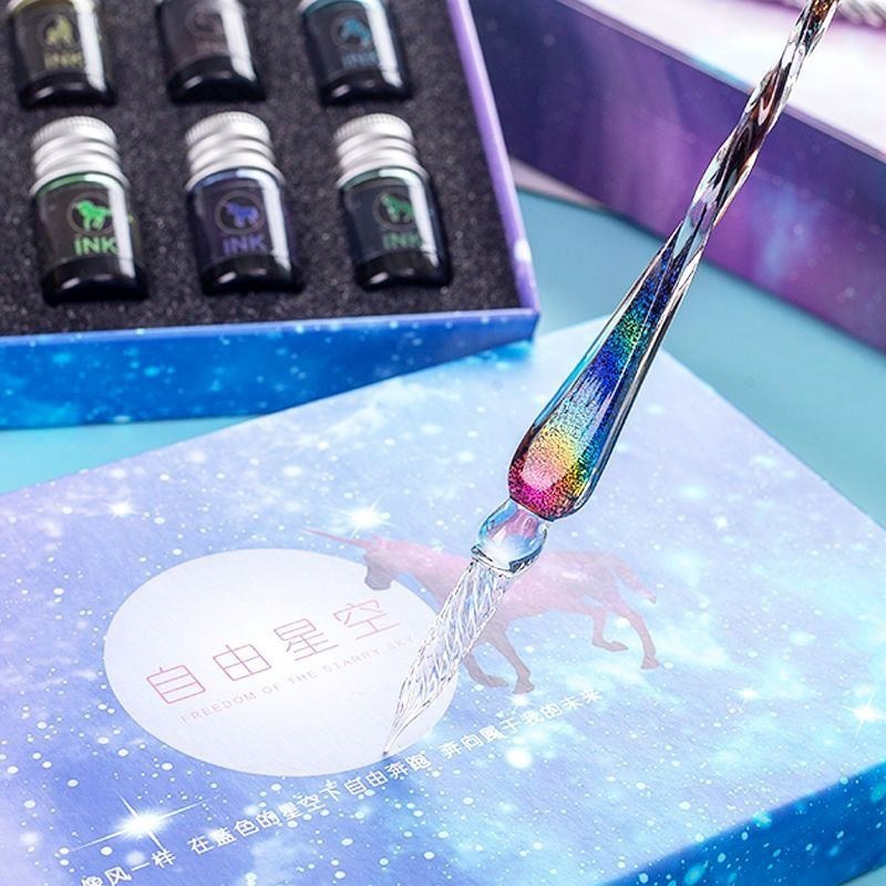 Glass Pen Starry Sky Dip Water Pen Crystal Pen Antique Colored Ink quicksand Pen Student Internet Celebrous Birthday Gift Box suit