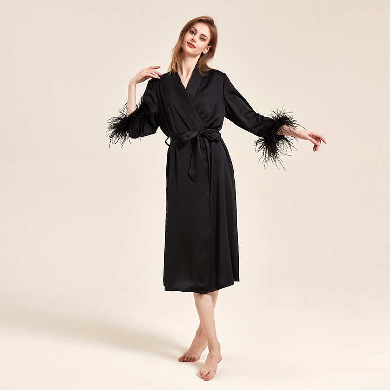 Bei Nv Dream Pajamas Women's Autumn New Wedding Bride Ice Silk Satin Cuff Feather Decoration Wedding Morning Gown Nightgown