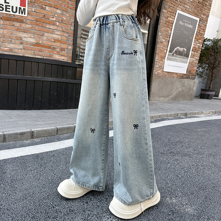 Girls' Jeans Spring and Autumn 2025 New Children's Western Style Straight Outer Wear Pants Big Children's Spring Loose Wide Leg Pants