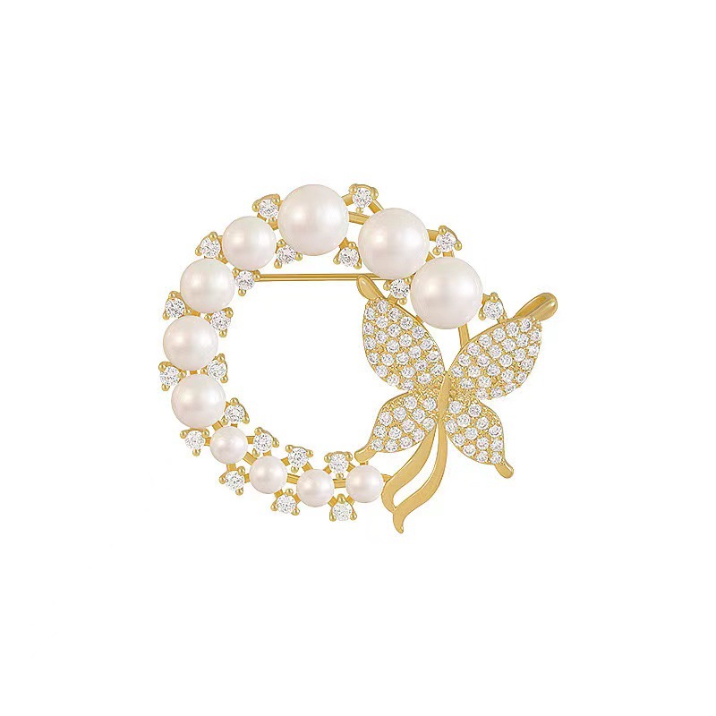 Korean Dongdaemun Diamond-Encrusted Pearl Butterfly Brooch Anti-Exposure Buckle Fashionable High-End Clothing Accessory Manufacturer