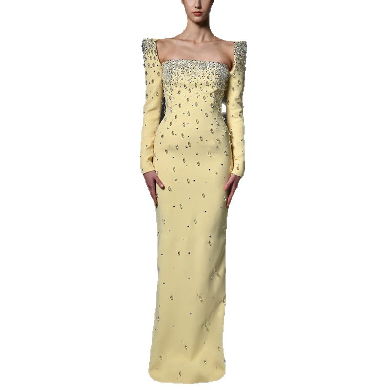 In-Stock European and American Celebrity Fashion Long Dress 2025 New Square Neck Heavy Beaded Rhinestone Long Dress