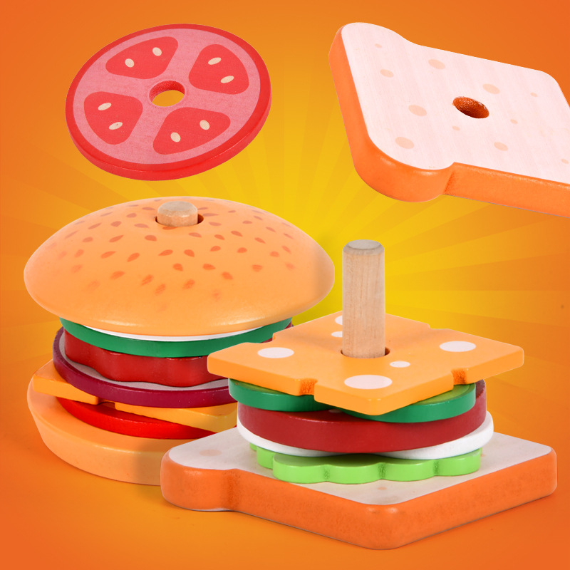 Baby wooden simulation hamburger French fries sandwich set column matching food cutting Music Kitchen tableware play house play