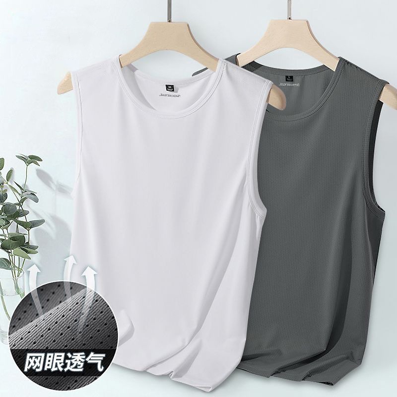 Trendy Men's Round Neck Vest Summer Thin Breathable Quick-Drying Mesh Sleeveless T-Shirt Large Size Loose Hurdle Sports Sleeves