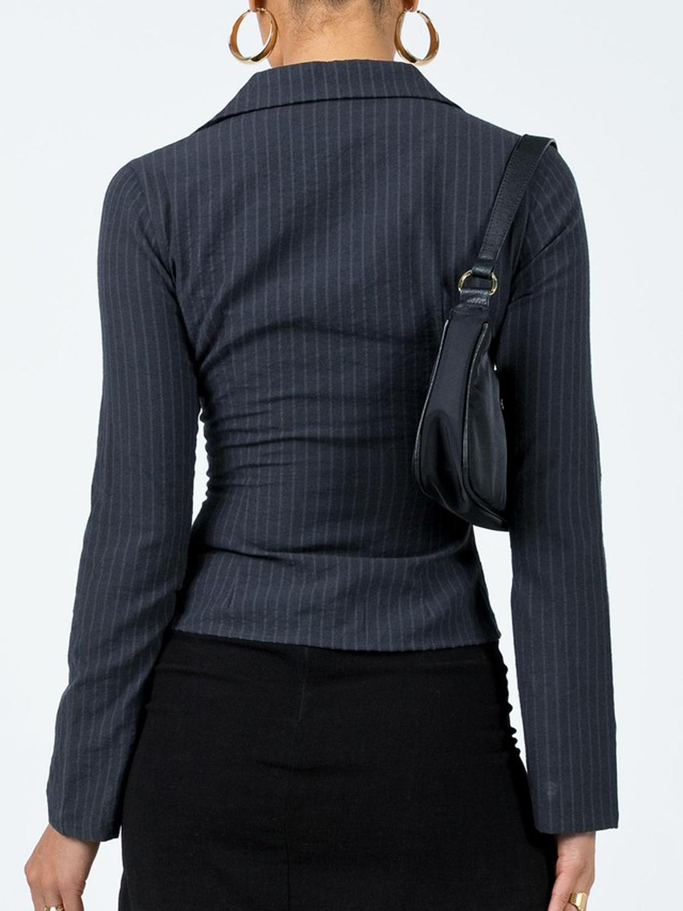 2024 Amazon European and American Spring and Autumn New Lapel Breasted Cardigan Long Sleeve Shirt Slim-fit All-match Striped Top