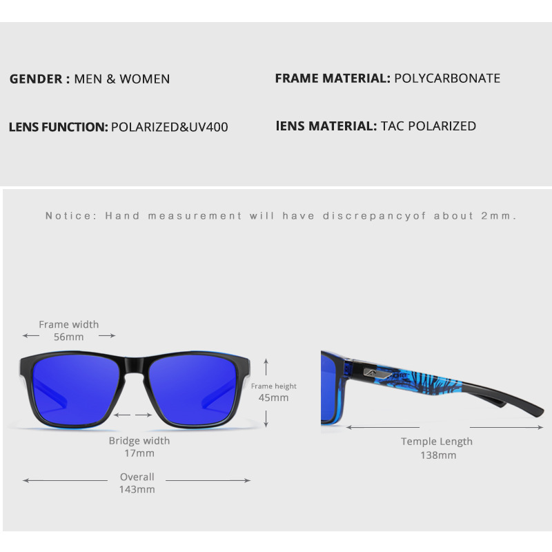 Kdeam New Square Outdoor Polarized Sunglasses, Colorful Men's and Women's Sunglasses, Fishing and Driving Glasses Kd109