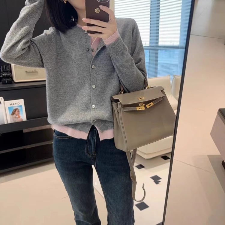 French Stitching Color Contrast Fake Two-piece Wool Knitted Cardigan Women's Loose All-match Stacked Sweater Color Matching Cashmere Jacket