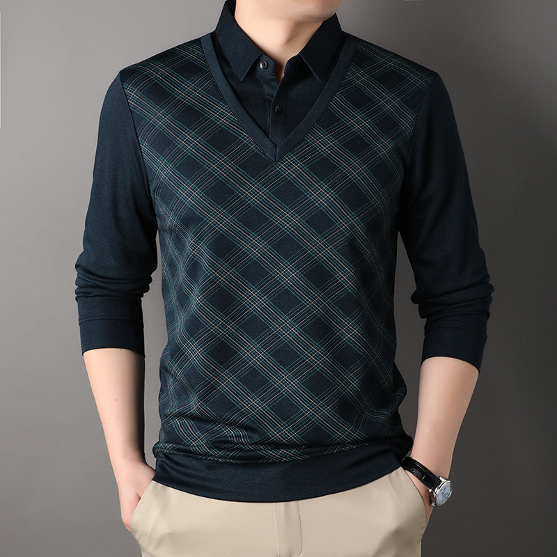 Долгий рукав осенней футболки для папы, весна-осень, тонкая фальшивая двойка, свободный повседневный топ