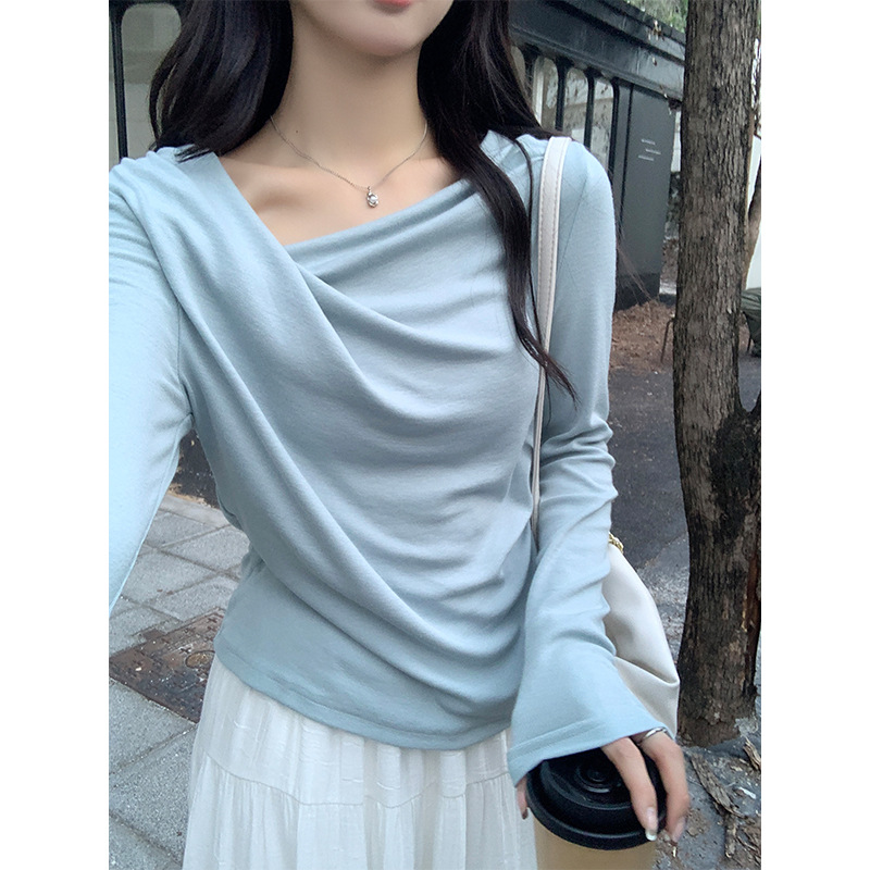 Pure Desire One-character Collar Shoulder Long-sleeved Sweater Women's Autumn and Winter Swing Collar Oblique Shoulder Pleated Tight Inner Base Top