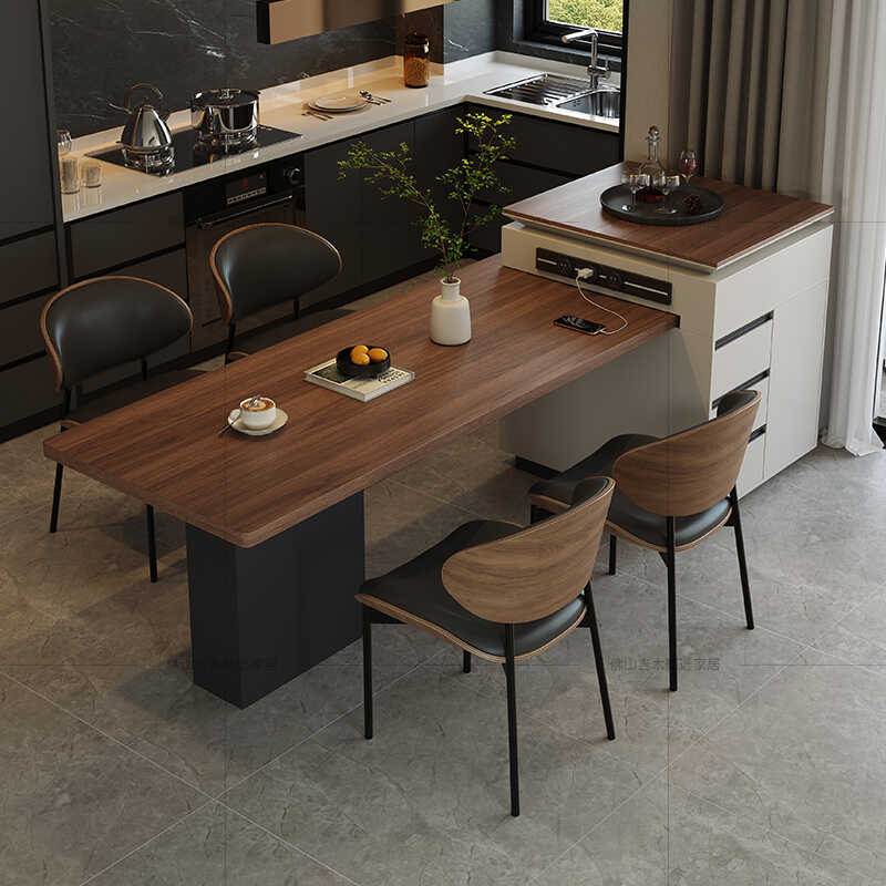 Островной обеденный стол, интегрированный, раскладной, для дома, большого размера, минималистичный, черный орех, сланцевый, смещенный обеденный стол