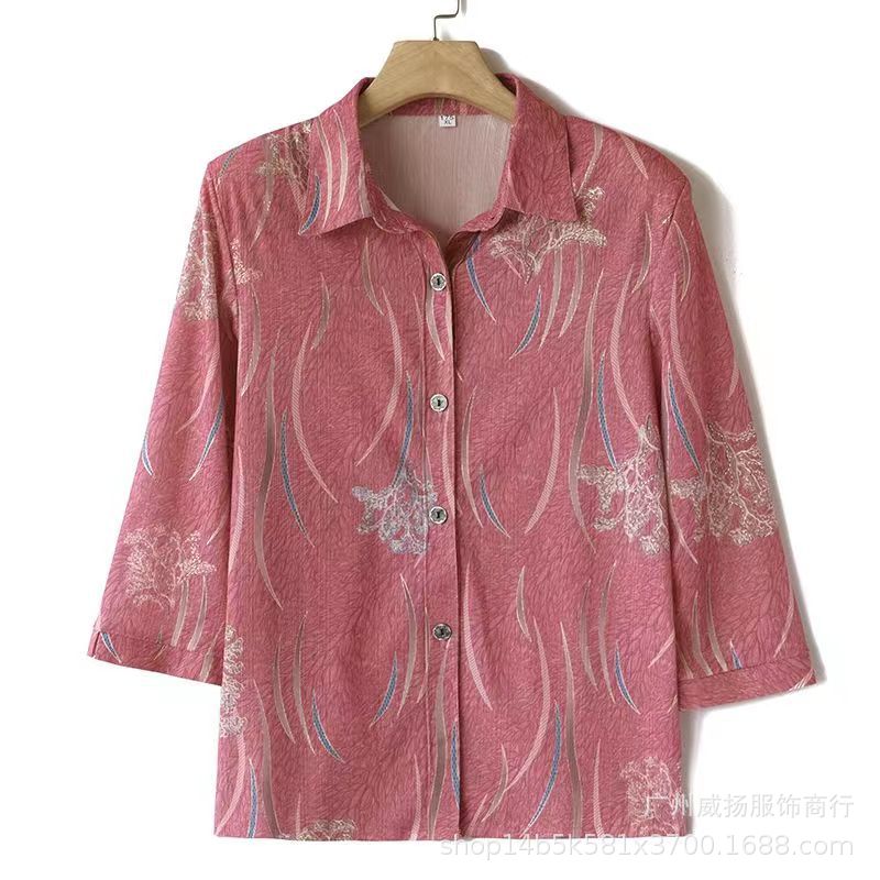 Middle-Aged and Elderly Women's Clothing Mother's Lapel Long-Sleeved Cardigan Flap Pocket Pants Ice Silk T-Shirt Lapel 50-Year-Old Mother's Cardigan Top