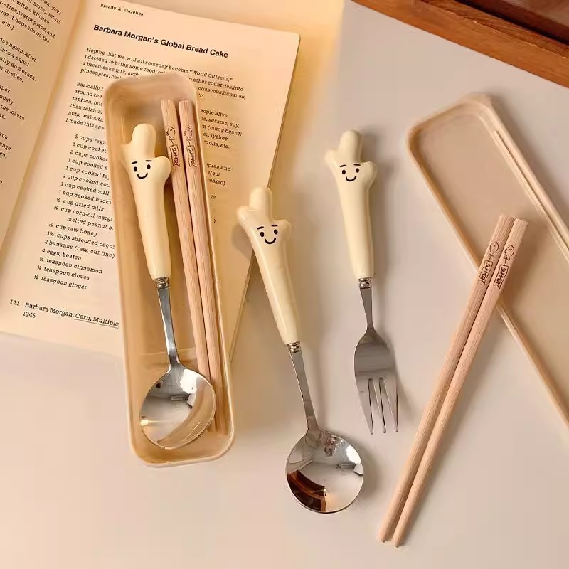 Ceramic High-Value Spoon and Chopsticks for Personal Use, Cute Little Ginger Student Tableware, Spoon, Fork and Chopsticks, Student Outdoor Portable Tableware
