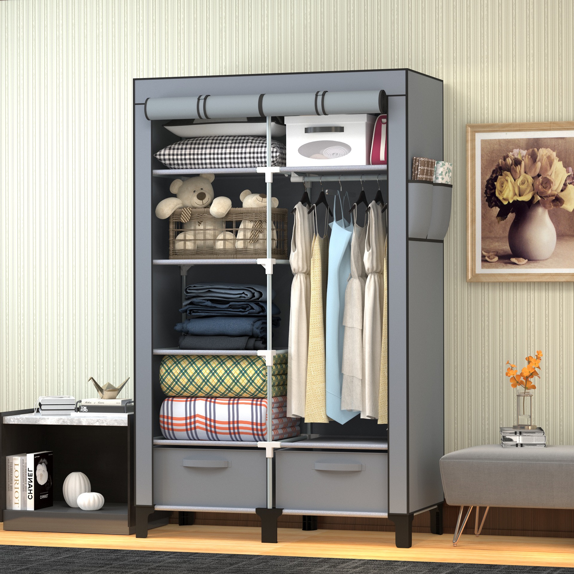 Простой шкаф Домашний шкаф для аренды Общежитие Многослойный большой шкаф с двойными дверями Невязаный шкаф с коробкой для хранения