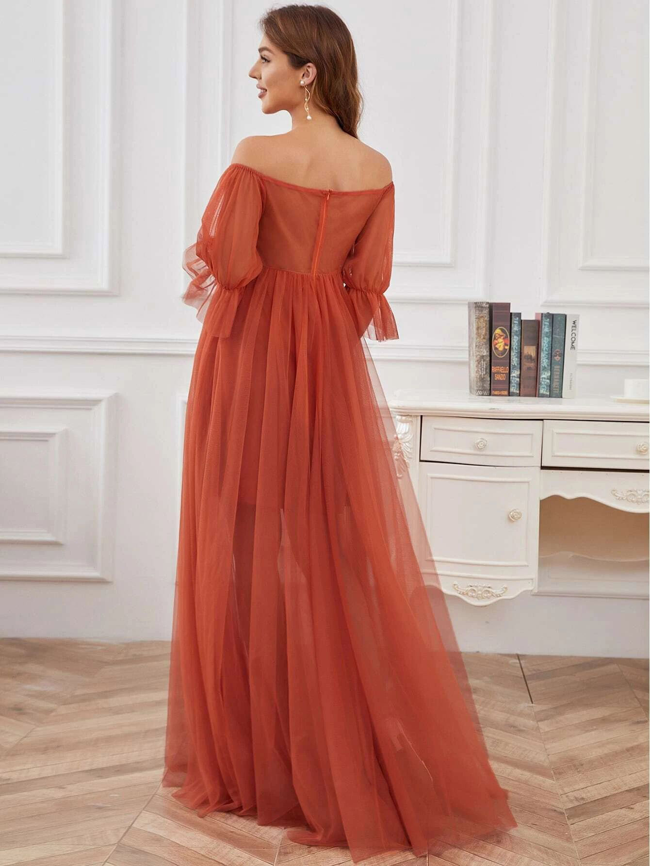 Cross-Border European and American Evening Dress Short-Sleeved Solid Color One-Shoulder Maternity Dress Tulle Long Maternity Dress