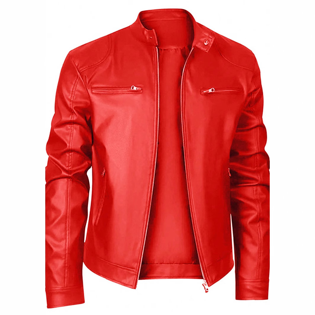 Foreign trade winter business gentleman warm zipper cardigan pocket decorative PU leather clothing stand collar slim leather jacket P55