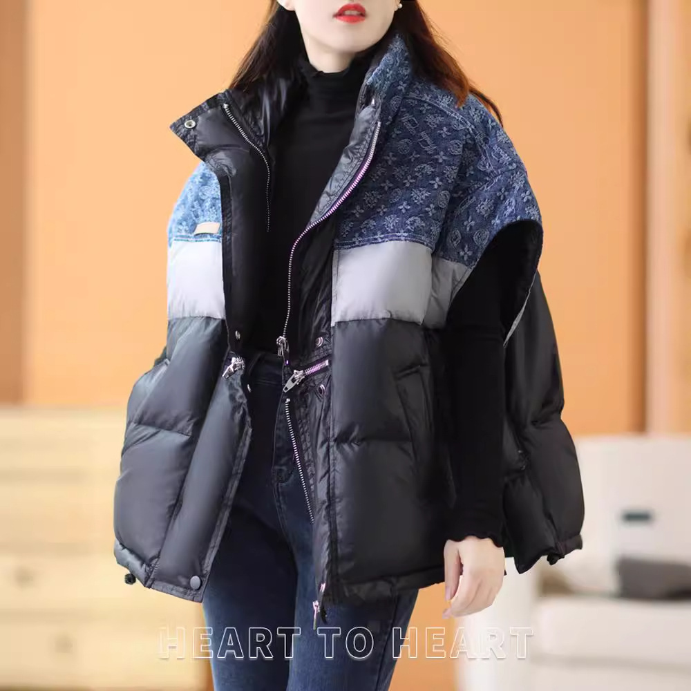 2023 stand collar contrast color down jacket vest women's short winter loose fashion versatile white duck down waistcoat