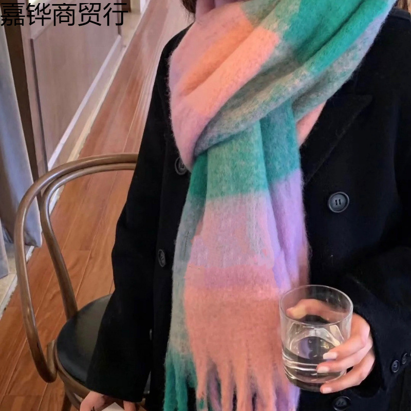 Autumn and winter new thick warm rainbow color plaid scarf European and American loop yarn thick tassel color matching shawl