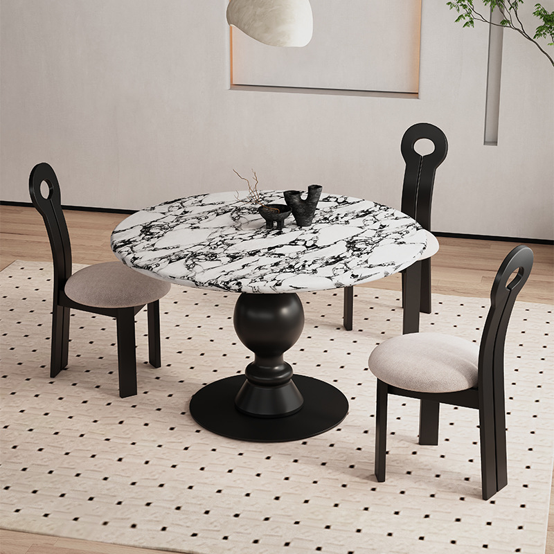 Marble Boga Round Table French Retro Cream Style Solid Wood Simple Light Luxury Luxury Stone High-End Round Dining Table and Chairs