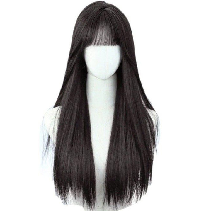 Cross-Border Hot-Selling Wig for Women with Long Straight Hair, Full Head Wig with Air Bangs, Black Long Straight Wig, Full Head Hairstyle