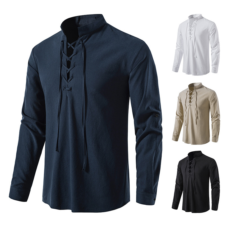 Spring and summer 2022 new cross-border Amazon men's cotton and linen Henry shirt foreign trade European size long sleeve casual stand collar shirt