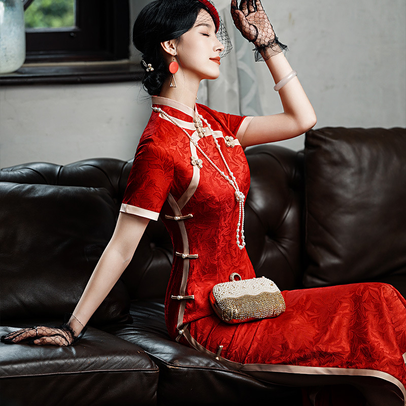 Летнее новое платье чунцзян 2023, двусторонний жаккард, три рукава, длинное модифицированное, боковое, восьми-кнопочное, двойное платье чунцзян