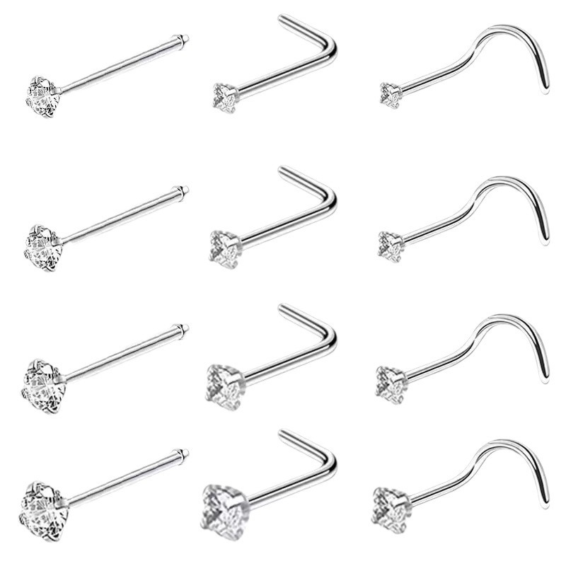 Cross-border 316 stainless steel S rod L rod straight rod four claw zircon nose nail 5 word 7 word 1 word one nose ring jewelry wholesale