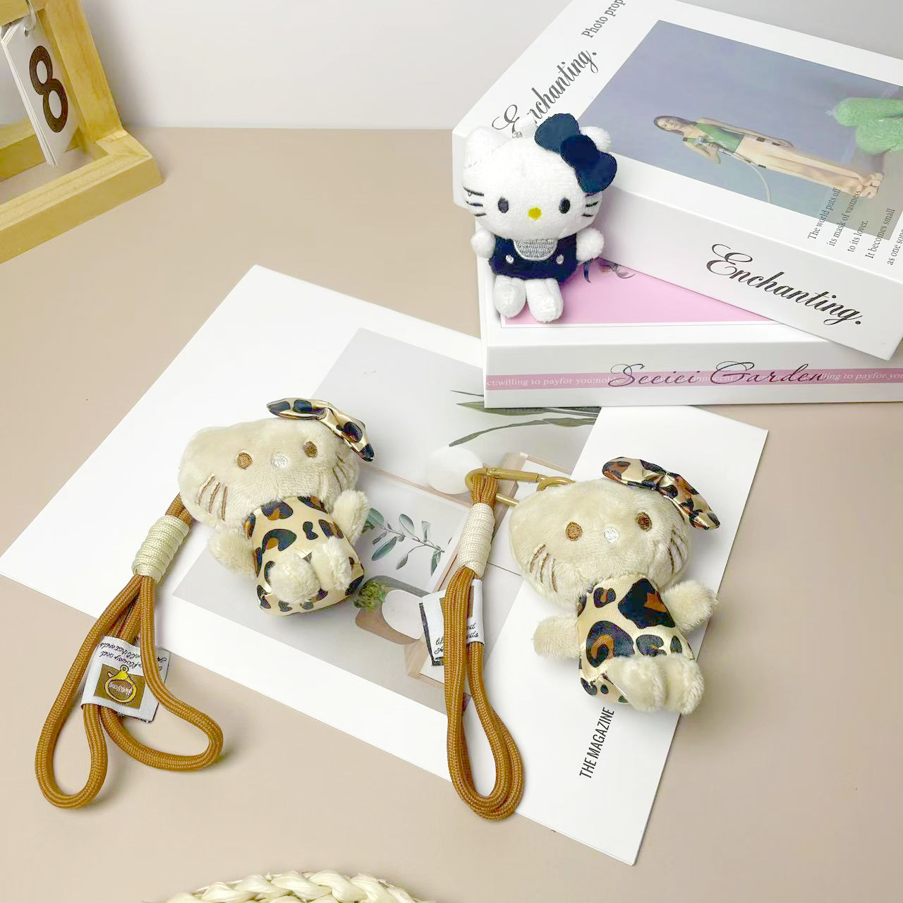 Plush Doll Cross-Border New Wrist Strap Leopard Print Kt Cat Plush Keychain Bag Pendant Cute Cartoon Pendant