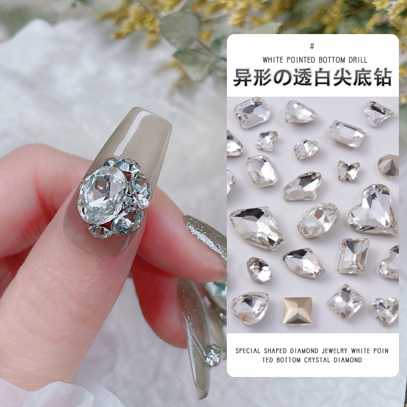 Wholesale nail jewelry transparent pointed bottom drill super flash big crooked heart axe water droplets fat square butterfly white diamond nail accessories