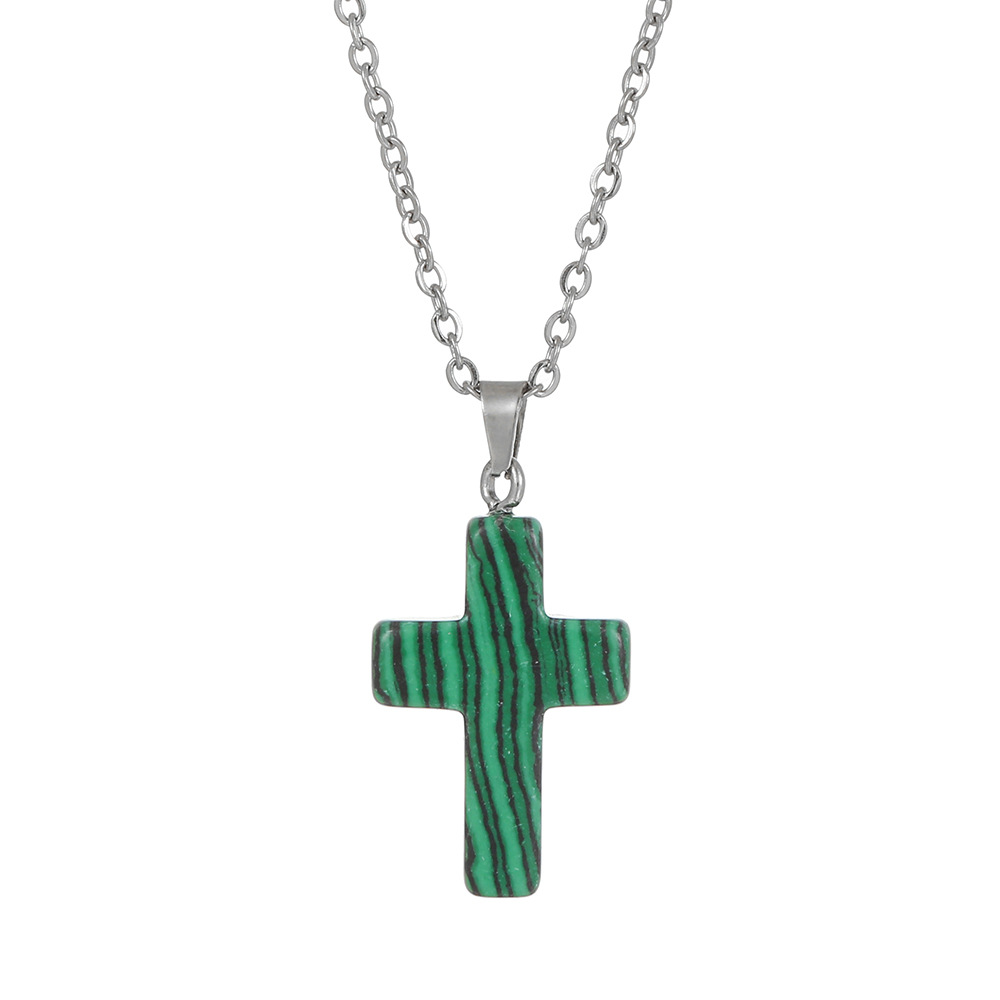 Cross-Border Hot Selling Natural Stone Pendant Cross Necklace Obsidian Malachite White Turquoise European and American Popular Jewelry