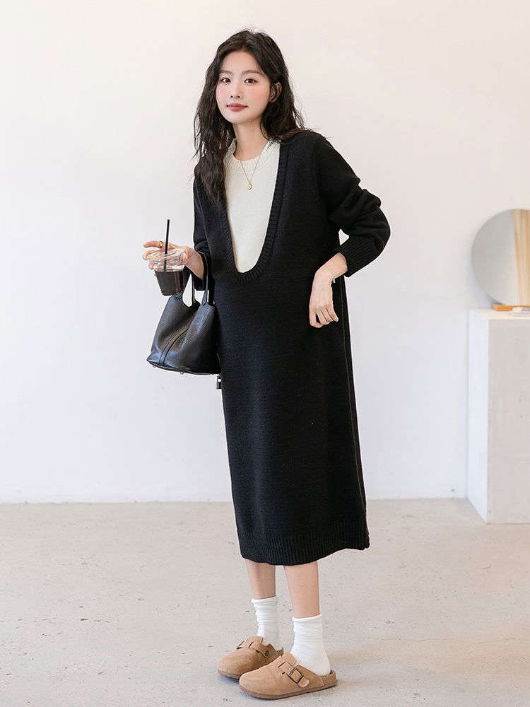 Autumn and Winter Pregnant Women's Skirt Korean-style Fake Two-piece Pregnant Women's Dress Loose plus size Long Pregnant Women's Sweater Casual Slimming