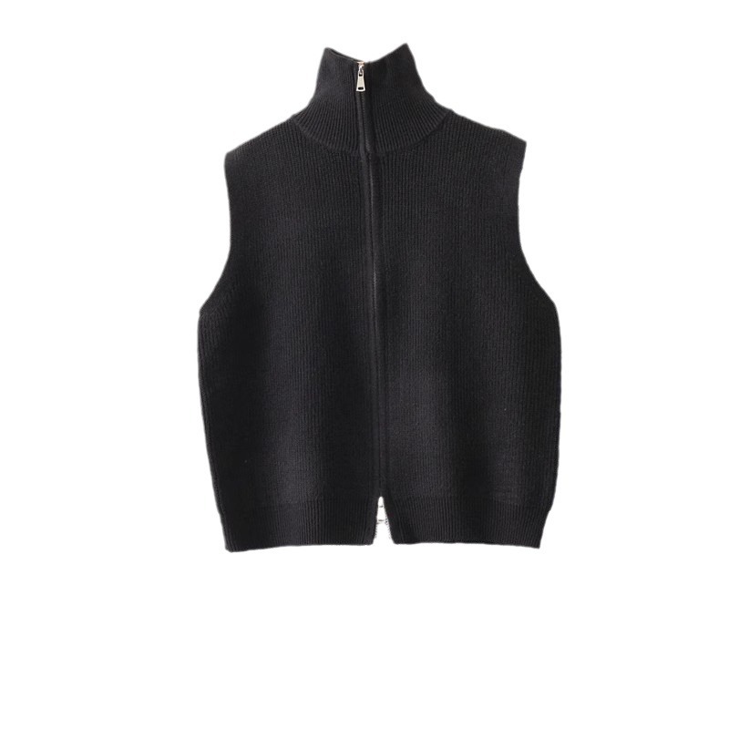 Retro stand collar waistcoat knitted vest for women autumn and winter New cardigan coat design loose zipper sweater vest