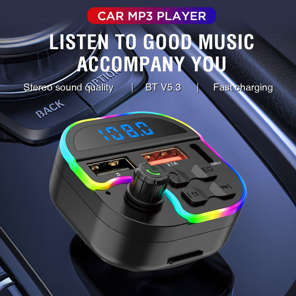 Car Bluetooth Mp3 Player Hands-Free Call U Disk Card Playback Car Fm Transmitter Colorful Atmosphere Light