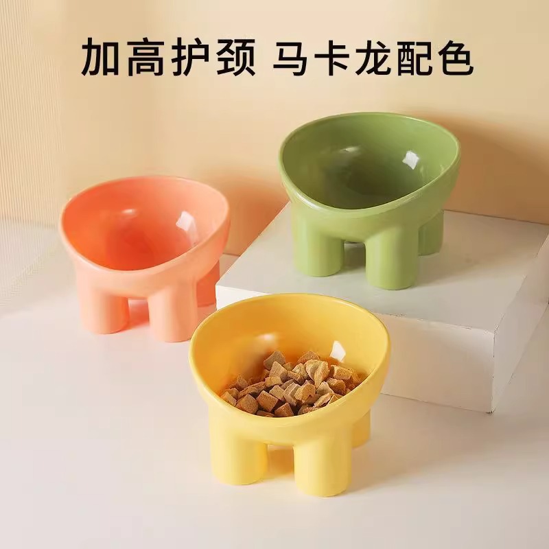 Pet Cat Bowl Slant Mouth Drinking Water Feeding Elephant Leg Neck Protection Bowl High Foot Anti-knock Cute Plastic Bowl Four-color Universal