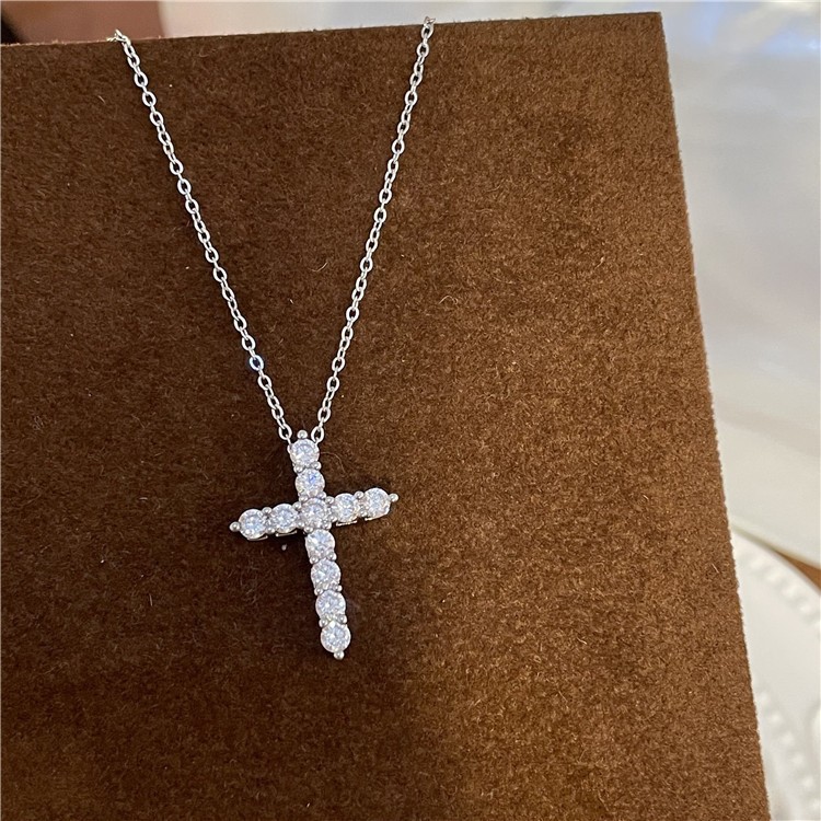 Sterling Silver S925 Mosan Diamond Cross Necklace Cross Cross-border Hot Seiko High-end Fashion All-match Diamond Inlay