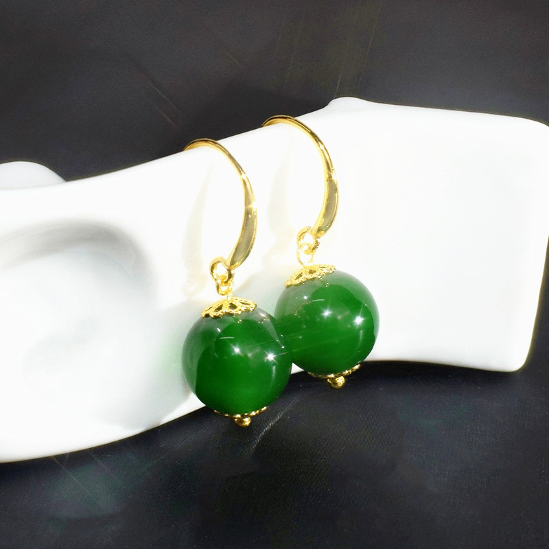 12mm-14mm large point round natural green chalcedony ear hook Joker green chalcedony ear accessories factory wholesale fashion