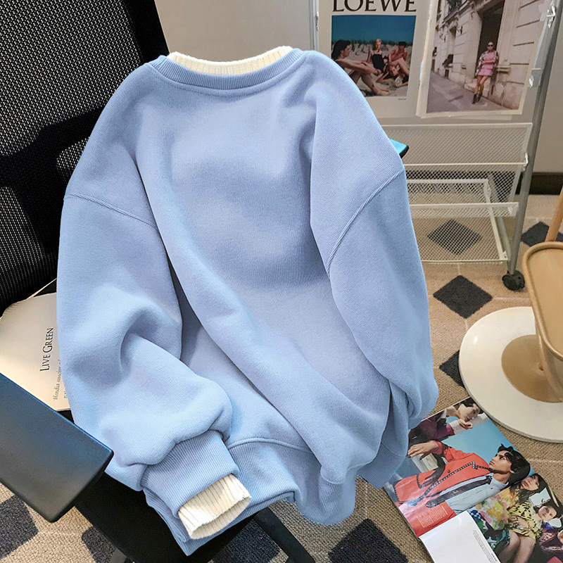 New Women's Sweatshirt Customized Velvet Round Neck Sweatshirt Women's Thick Fake Two-Piece Long-Sleeved Loose Large Size Women's Clothing