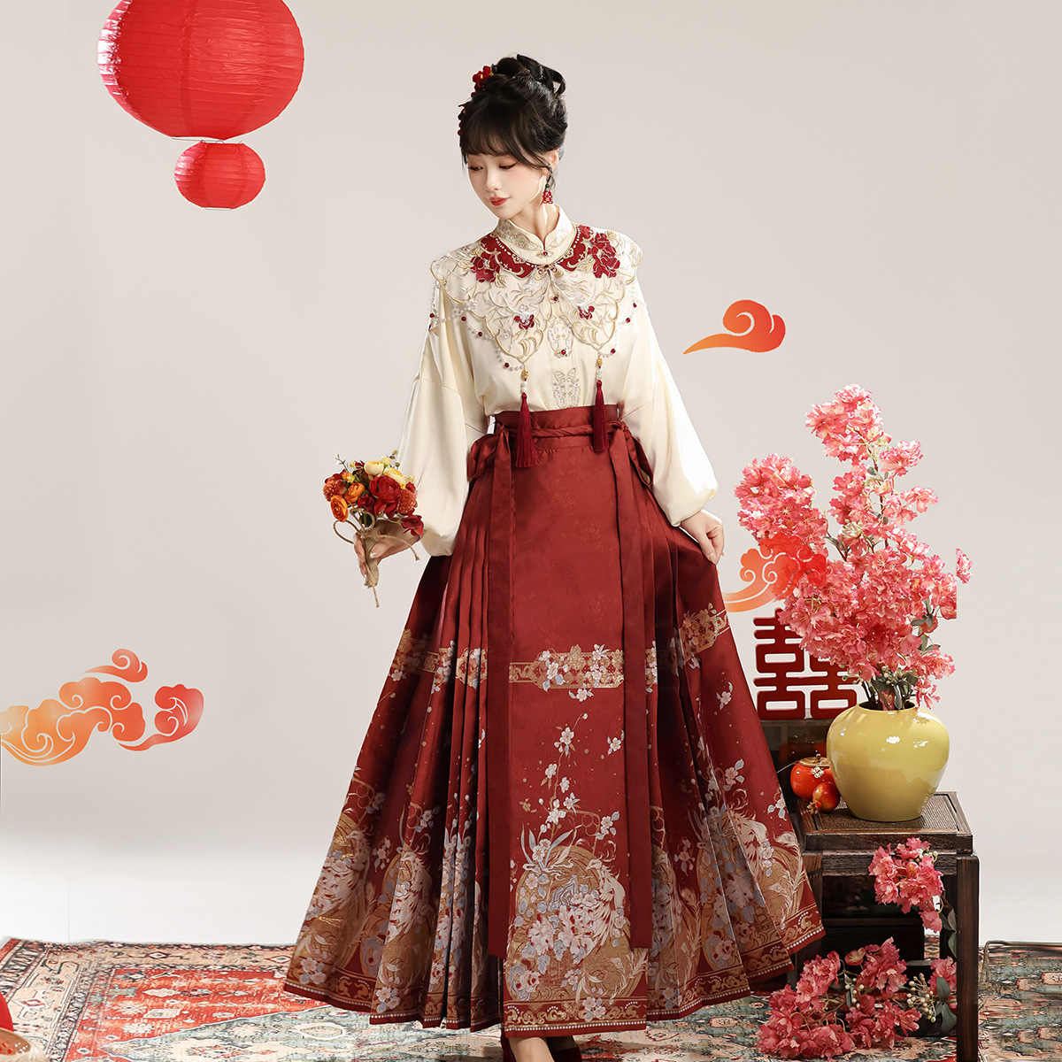 Yi Meng Ge Original Feng Ming Qu Han Dress Women's Chinese Style Improved Han Element Top Cloud Shoulder Horse Face Skirt suit 9336