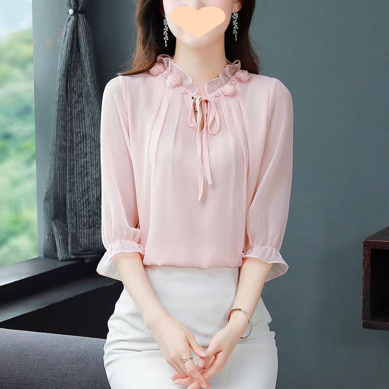 High-End Three-Quarter Sleeve Women's Shirt 2025 Spring and Summer New Pure Color Foreign Style Shirt to Cover the Flesh and Reduce Age Thin Women's Top