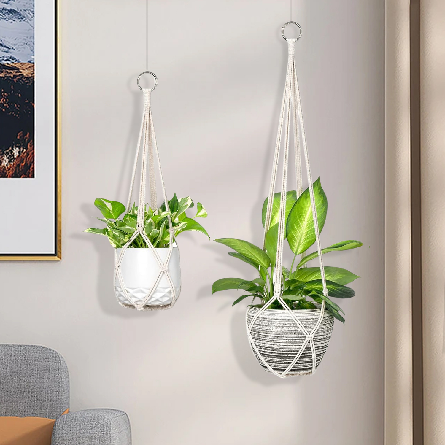 Cross-border Indoor Living Room Balcony Cotton Rope Hand-woven Hanging Rope Plant Net Bag Flower Pot Hanger Wall-mounted