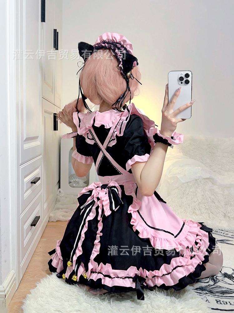 Sweet Black Pink Maid Cos Costume Lolita Soft Girl Dress Anime Heavy Industry Maid Lolita Skirt
