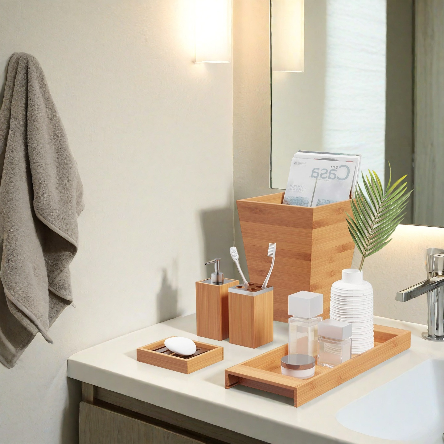 Hotel Light Luxury Bamboo Bathroom Five-Piece Set Tooth Cup Shampoo Bottle Soap Box Storage Box Tray Wash Set