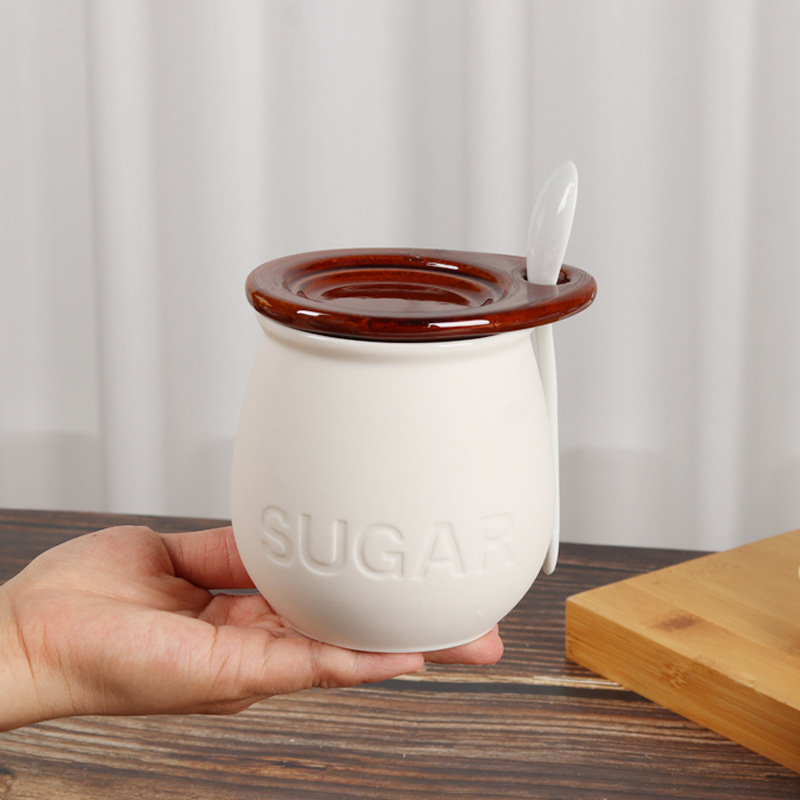 Ceramic Color Matching Sugar Jar Retro Seasoning Jar with Lid Set Household Lard Jar Coffee Jar Sugar Jar