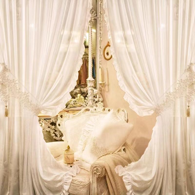 French-Style Light Luxury Princess Pure White Modern High-End Sheer Curtains for Living Room and Bedroom, Light-Transmitting but Not See-Through