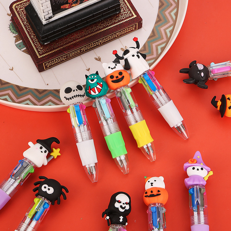 Cross-Border Halloween Mini Four-Color Ballpoint Pen Cute Cartoon Color Pen Gift Primary School Student Prizes Wholesale